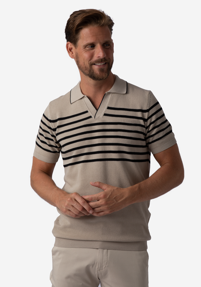 Almond Beige Stripe Knitted Polo Shirt