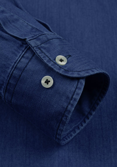 Midnight Blue Washed Herringbone Denim Shirt