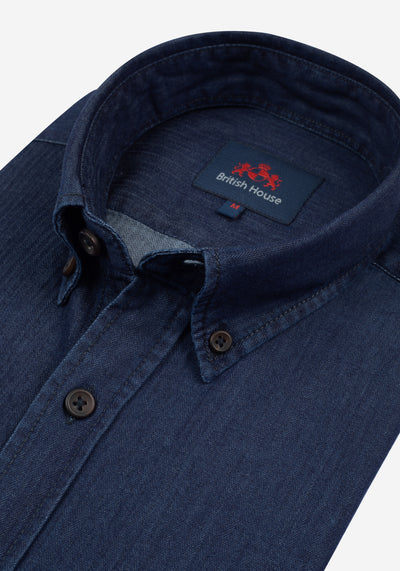 Dusk Blue Washed Herringbone Denim Shirt