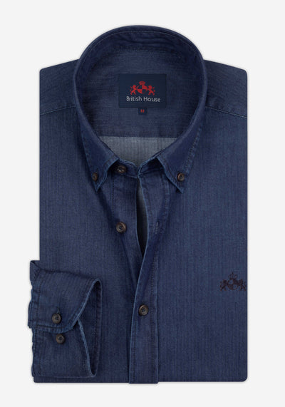 Dusk Blue Washed Herringbone Denim Shirt