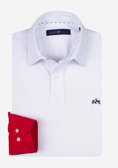 Cloud White Cotton Parti-Colored Polo Shirt - Long Sleeve