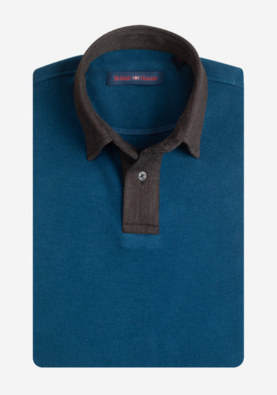 Teal Blue Dense Cotton Polo Shirt - Long Sleeve