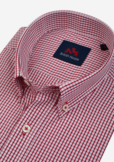 Claret Red Checked Poplin Shirt - Short Sleeve