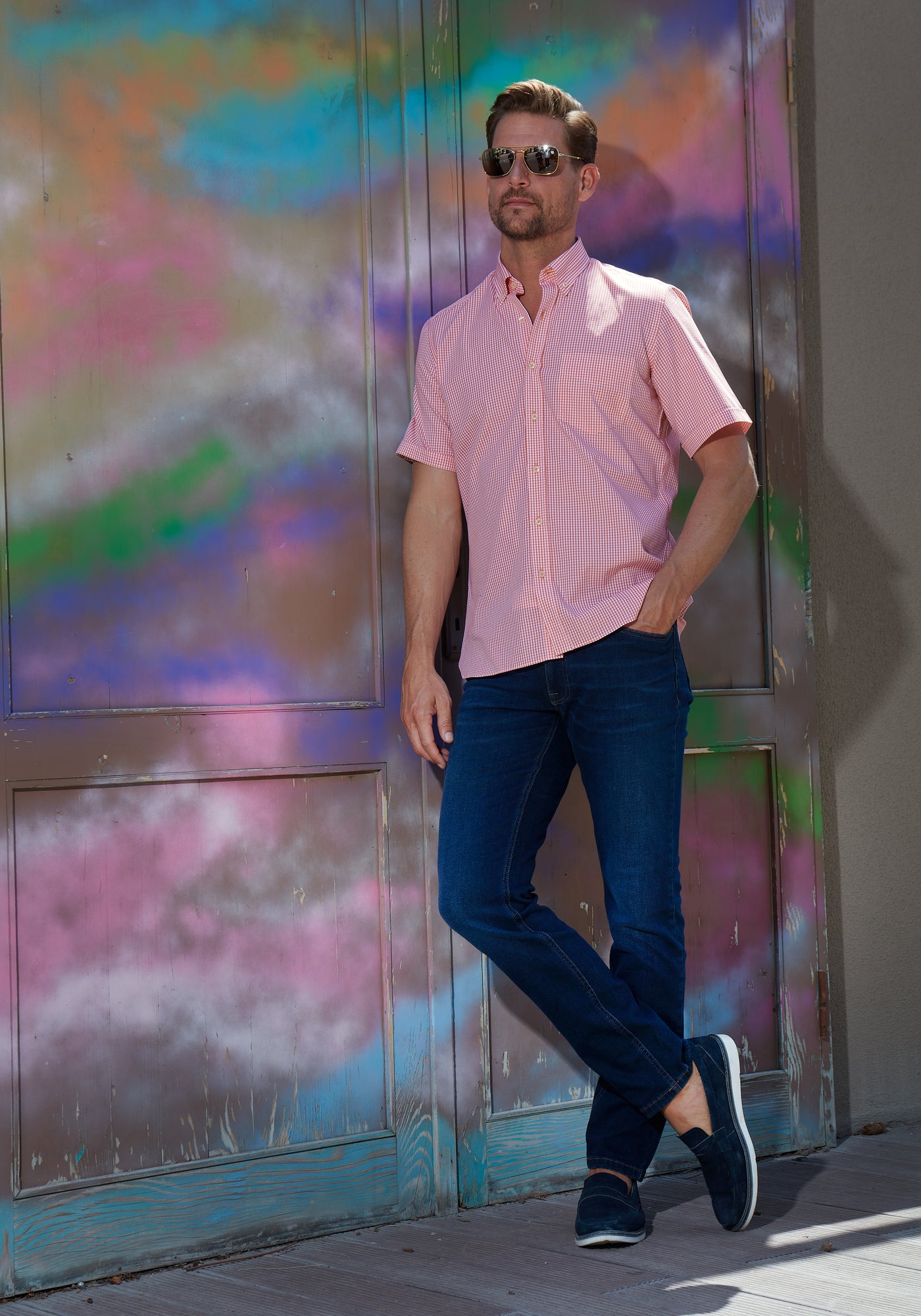 Sunrise Orange Checked Poplin Shirt - Short Sleeve