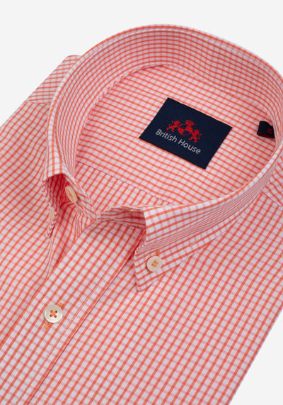 Sunrise Orange Checked Poplin Shirt - Short Sleeve
