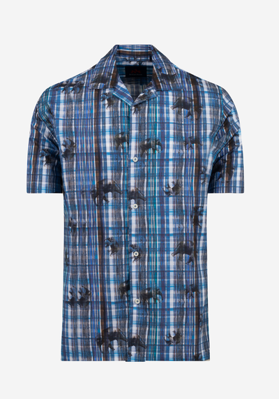 Vivid Blue Printed Poplin Resort Shirt - Short Sleeve