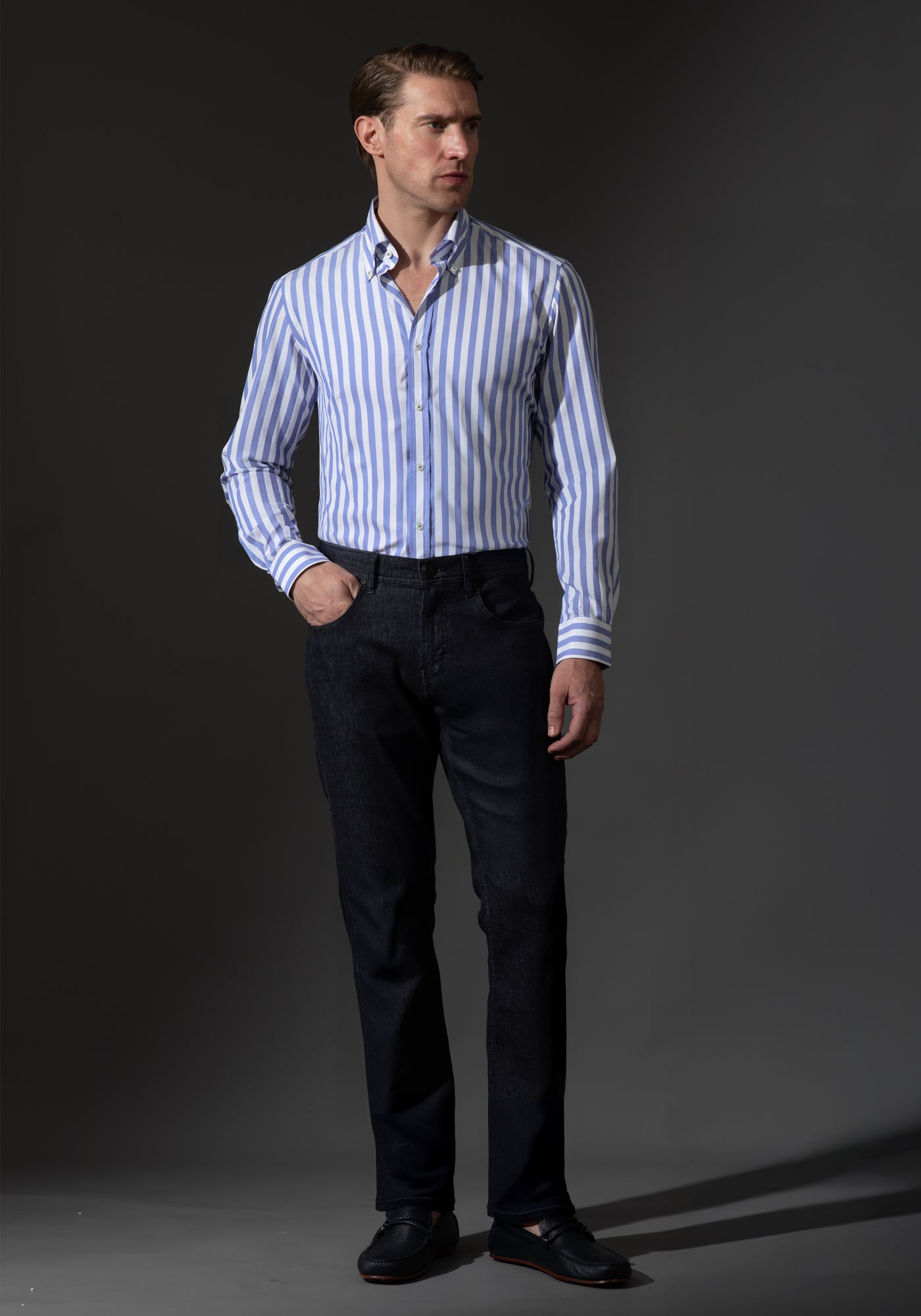 Giza 87 Cotton Pacific Blue Stripe Fine Oxford Shirt