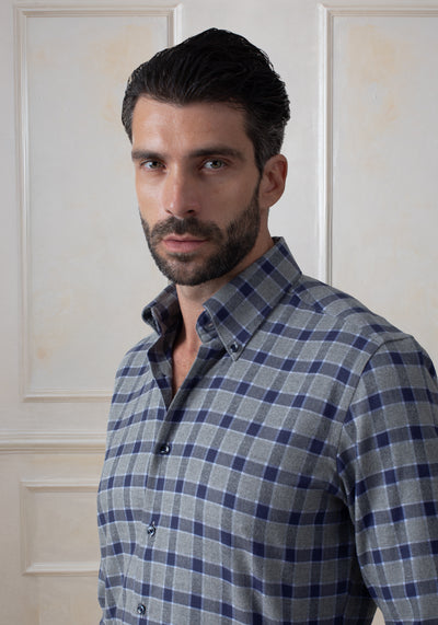 Royal Blue Grey Checked Flannel Shirt
