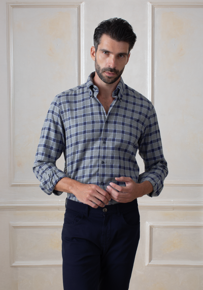 Royal Blue Grey Checked Flannel Shirt
