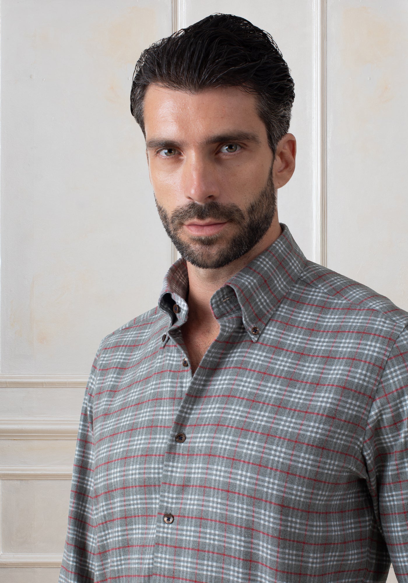 Steel Red Grey Checked Flannel Shirt