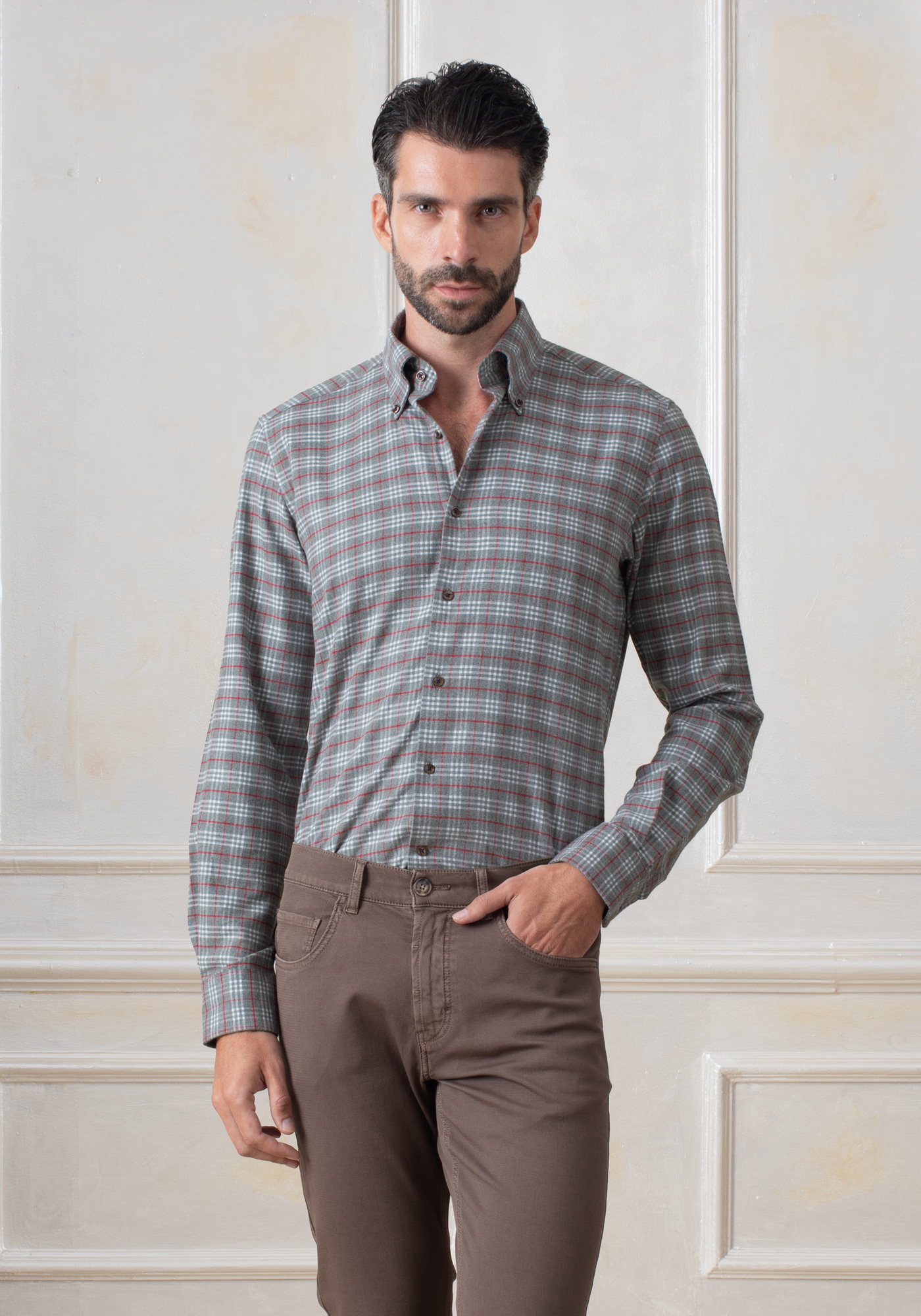 Steel Red Grey Checked Flannel Shirt