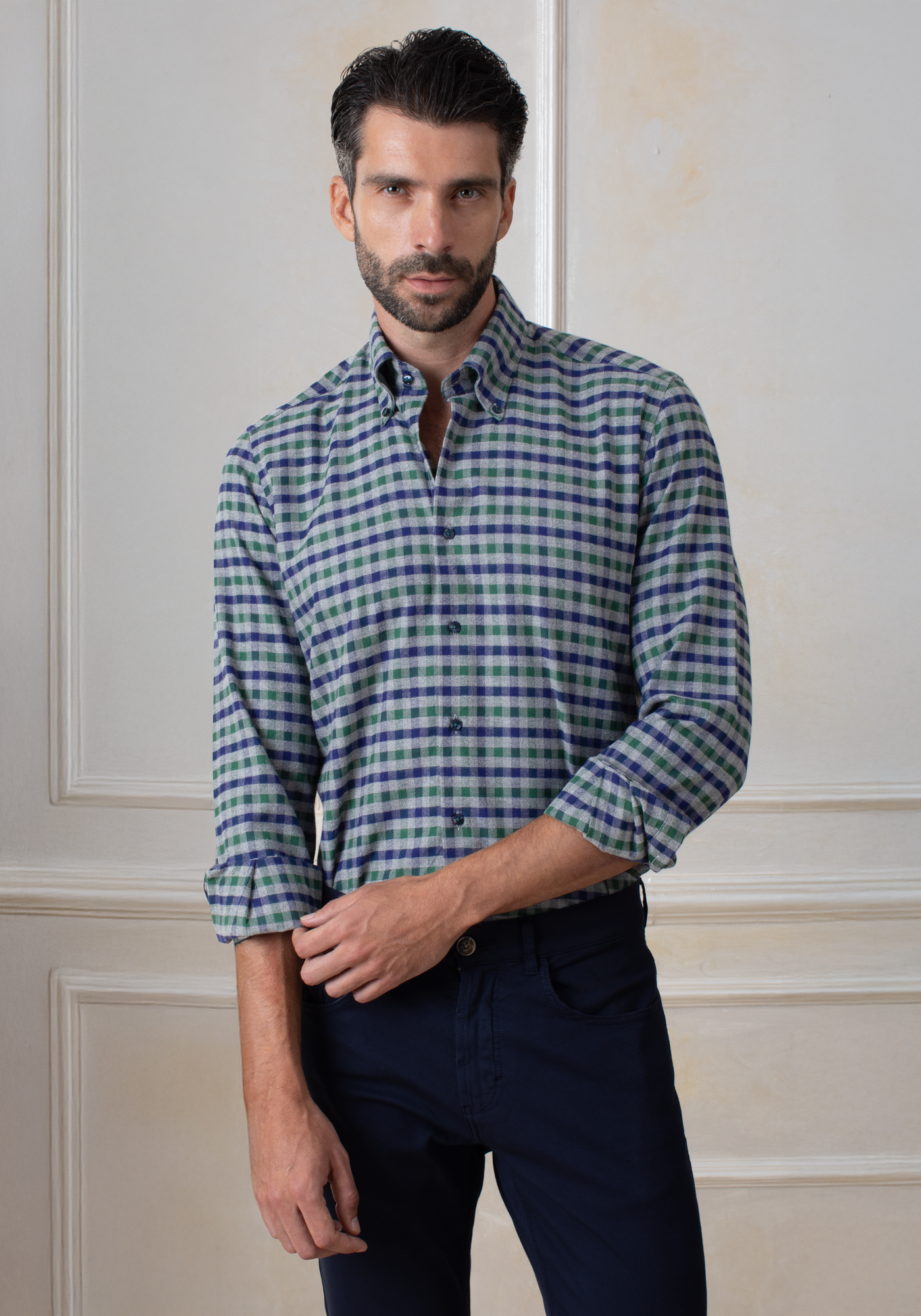 Marine Navy Green Checked Flannel Shirt