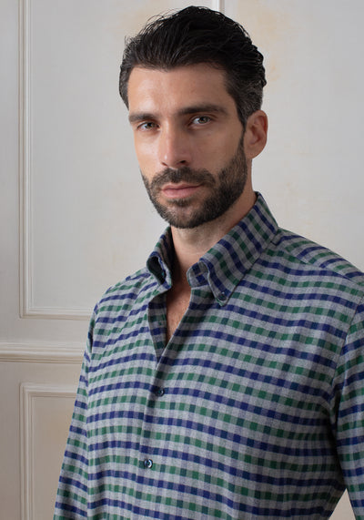 Marine Navy Green Checked Flannel Shirt