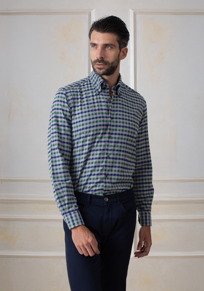 Marine Navy Green Checked Flannel Shirt