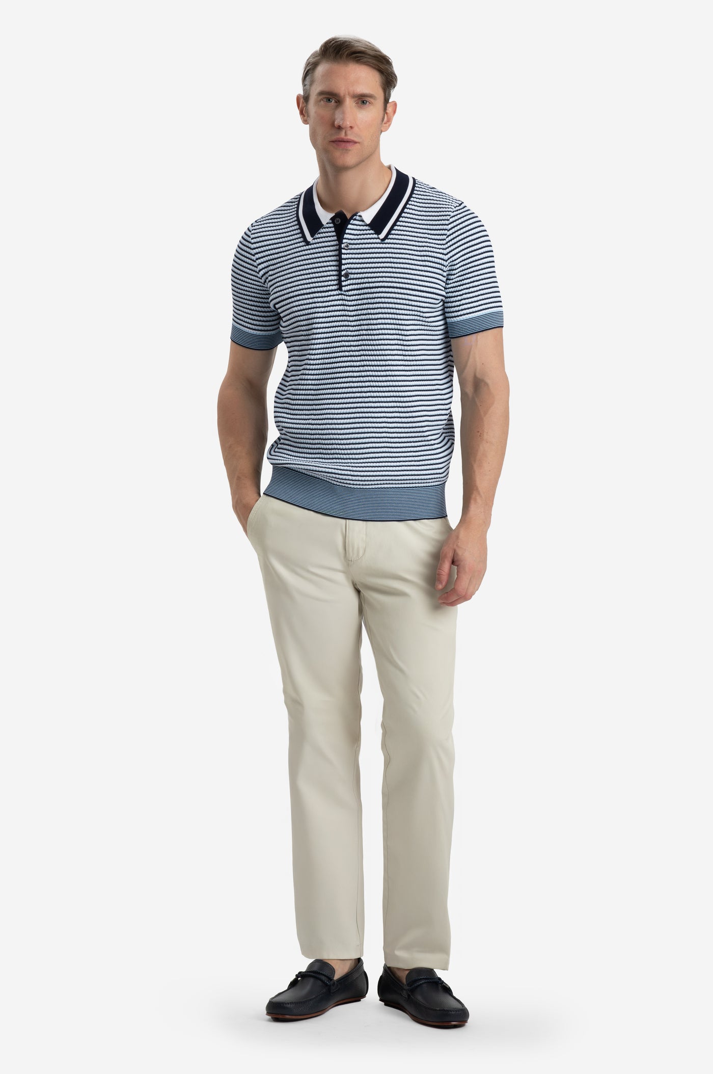 Coastal Blue Stripe Polyamide Knitted Polo Shirt