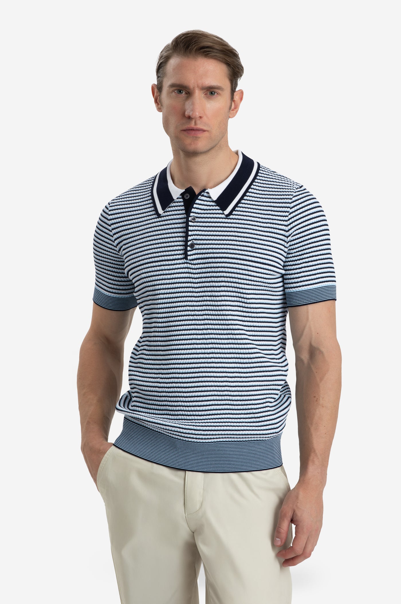 Coastal Blue Stripe Polyamide Knitted Polo Shirt