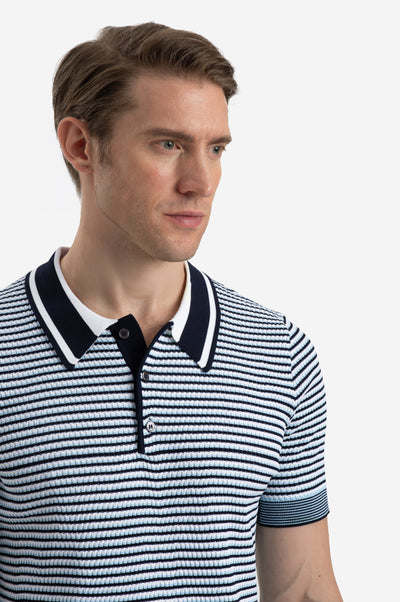 Coastal Blue Stripe Polyamide Knitted Polo Shirt