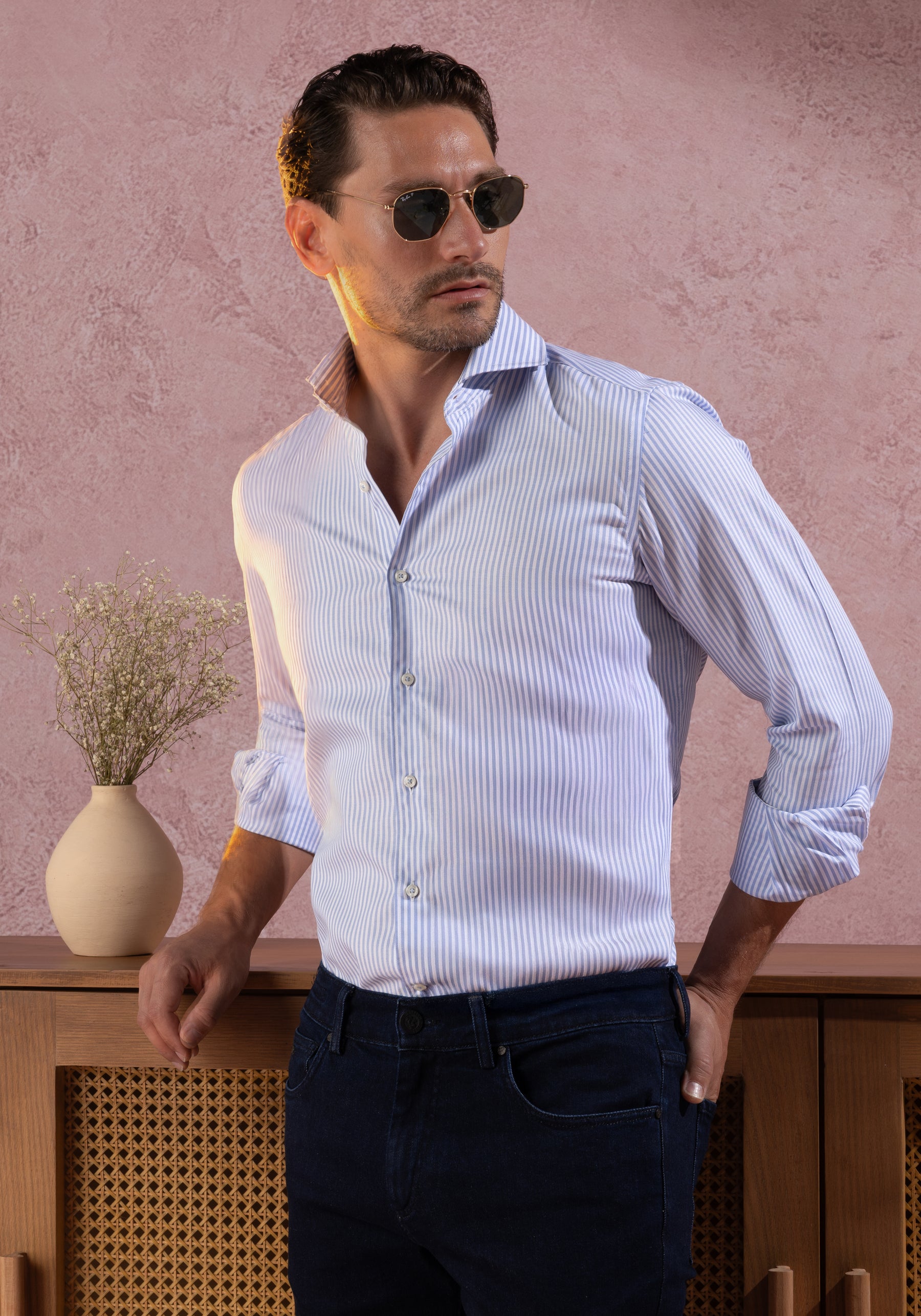 Soft Blue Stripe Herringbone Shirt