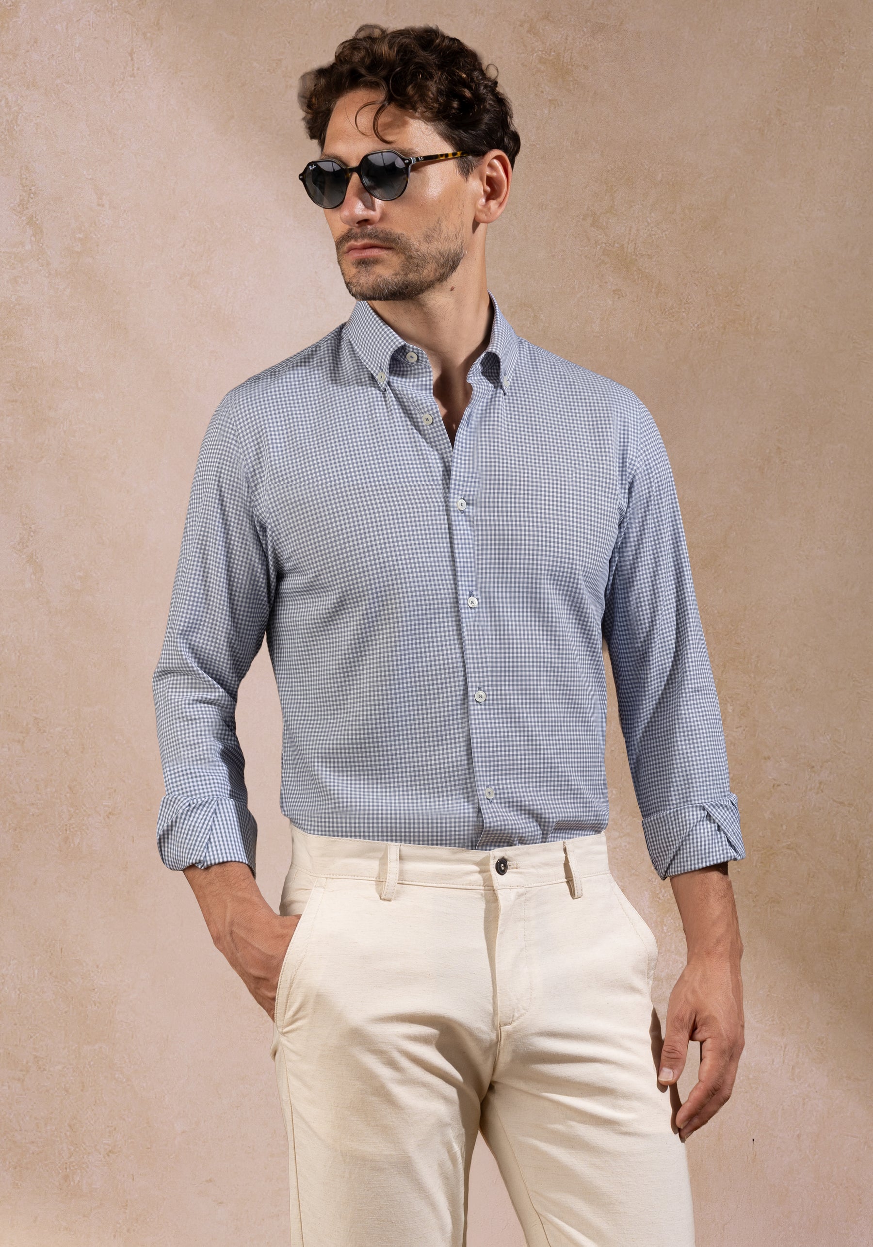 Faded Navy Checked Poplin Shirt