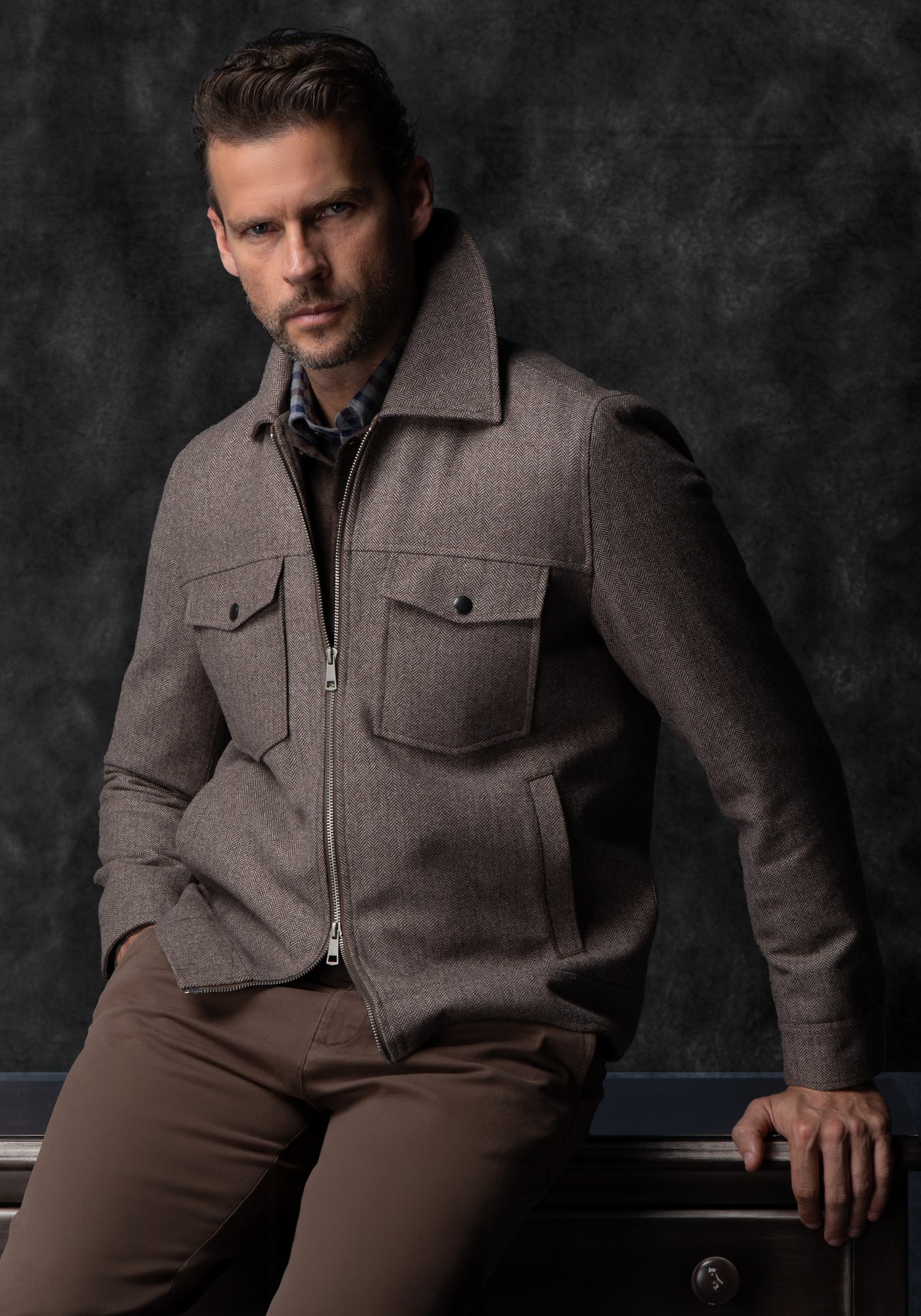 Oak Brown Wool-Blend Bomber Jacket