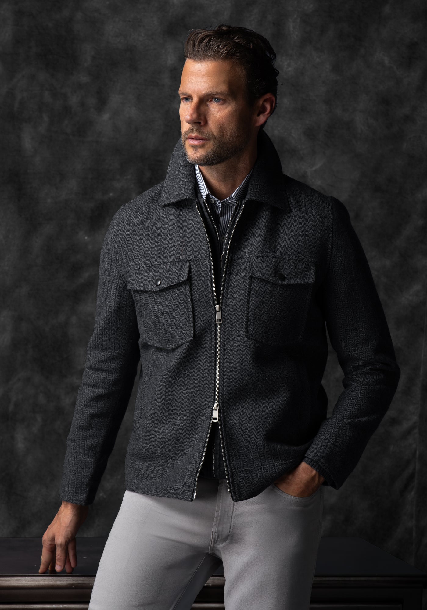 Anthracite Grey Wool-Blend Bomber Jacket
