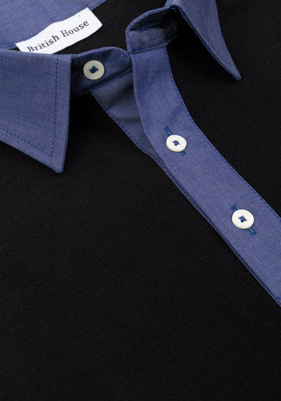 Pitch Black Cotton Polo Shirt - Long Sleeve