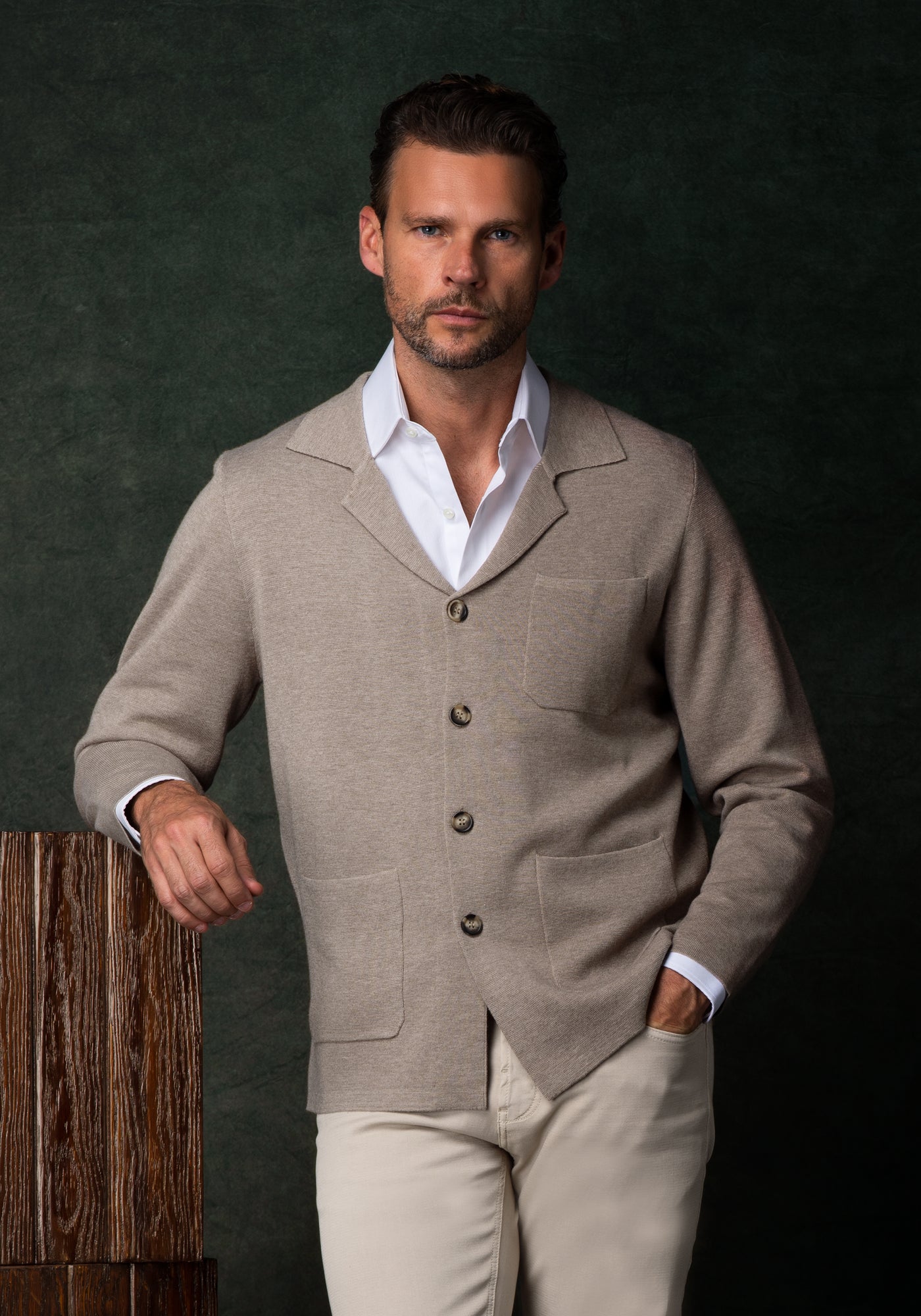 Dune Beige Merino Wool Blend Cardigan