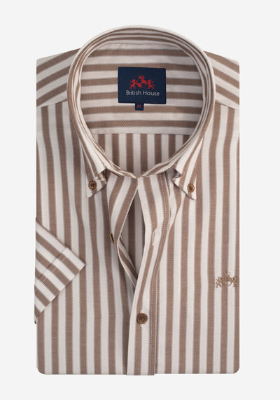 Deep Brown Stripe Basket Weave Shirt - Short Sleeve
