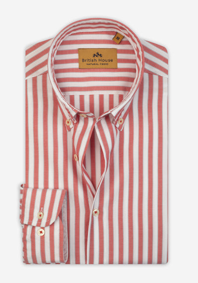 Coral Red Stripe Washed Two-Ply Oxford Shirt