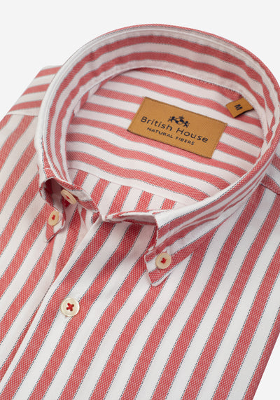 Coral Red Stripe Washed Two-Ply Oxford Shirt