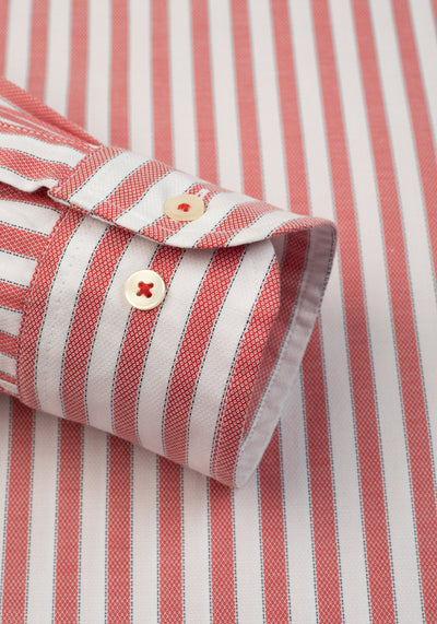 Coral Red Stripe Washed Two-Ply Oxford Shirt