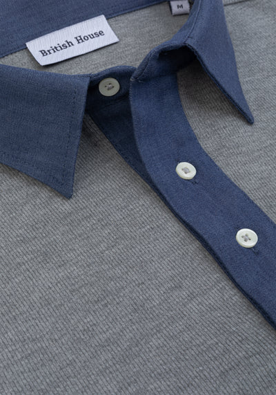 Fog Grey Cotton Polo Shirt - Long Sleeve