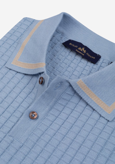 Gentle Blue Puckered Knitted Polo Shirt