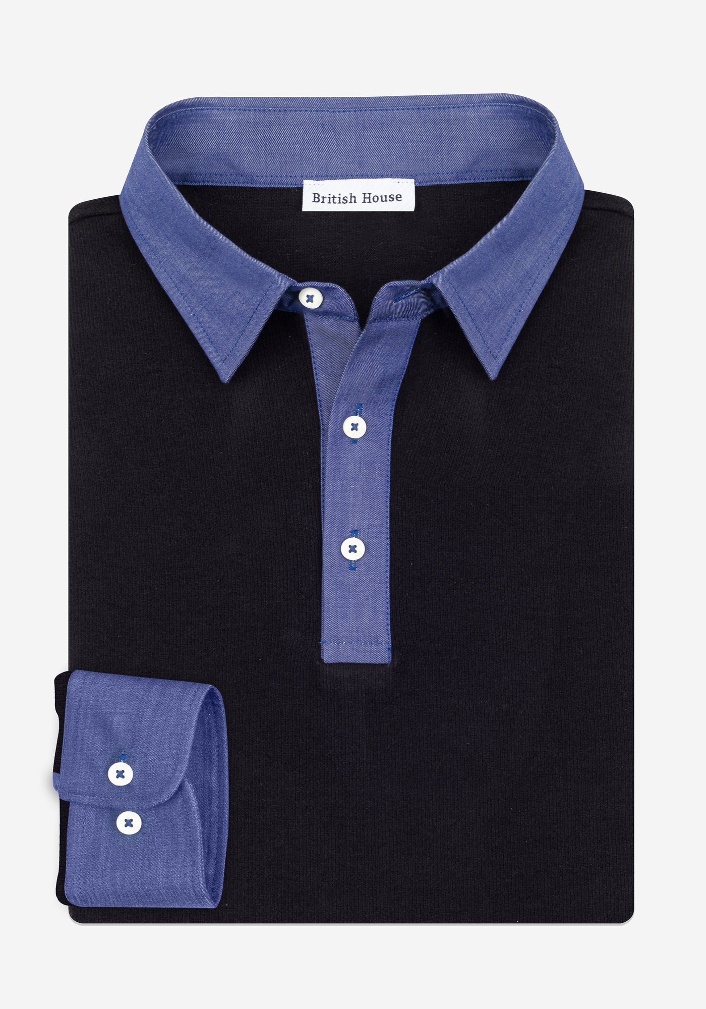 Pitch Black Cotton Polo Shirt - Long Sleeve