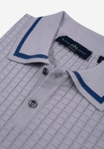 Metallic Grey Puckered Knitted Polo Shirt