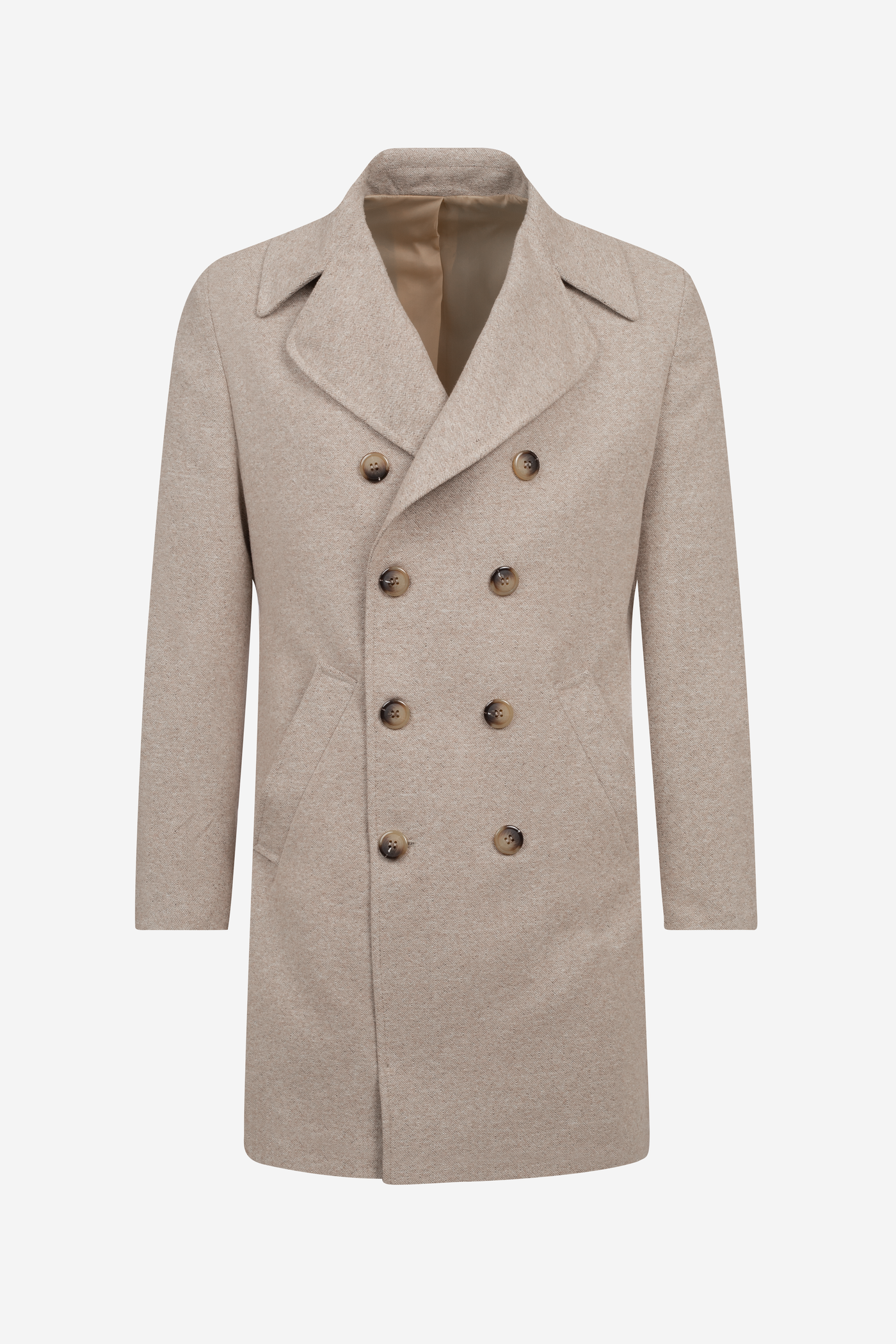 Ivory Beige Double-Breasted Herringbone Coat