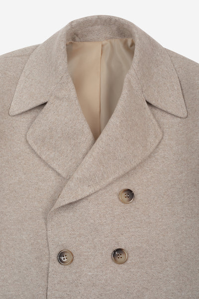 Ivory Beige Double-Breasted Herringbone Coat