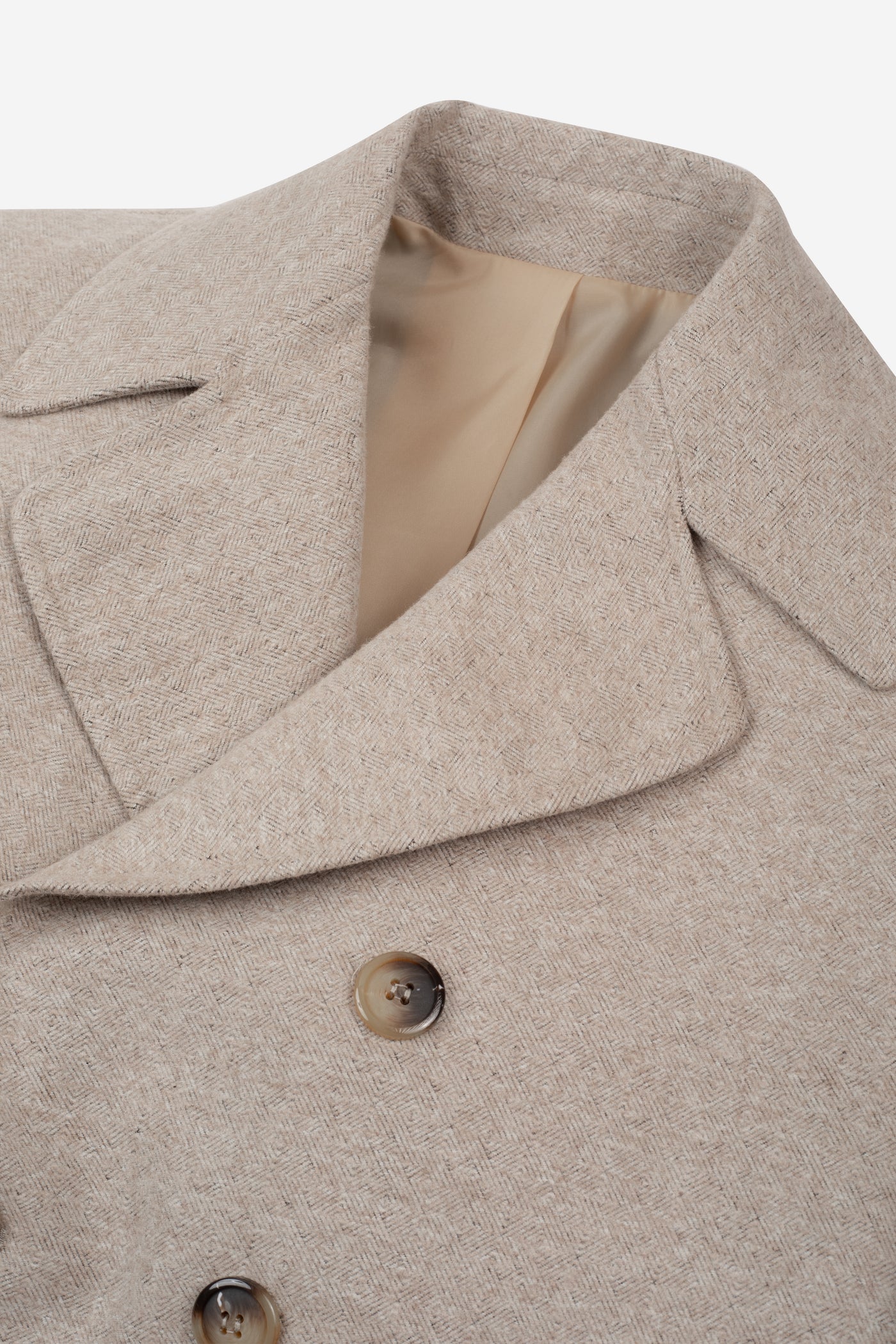 Ivory Beige Double-Breasted Herringbone Coat