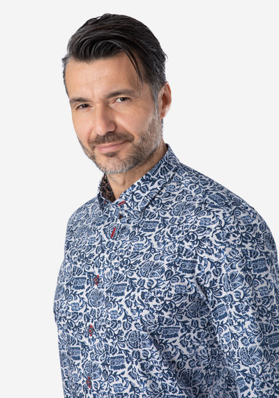 Navy Blue White Printed Poplin Shirt