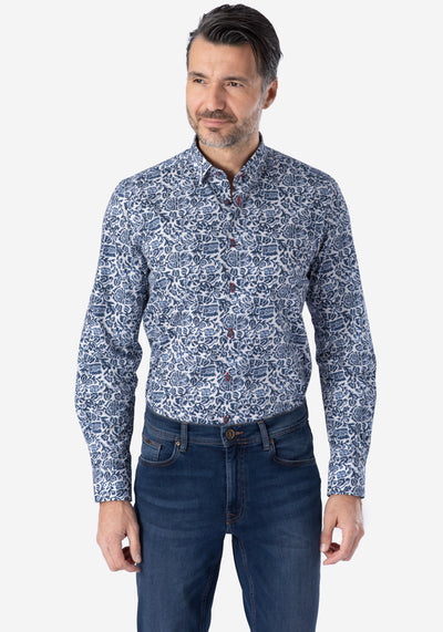 Navy Blue White Printed Poplin Shirt