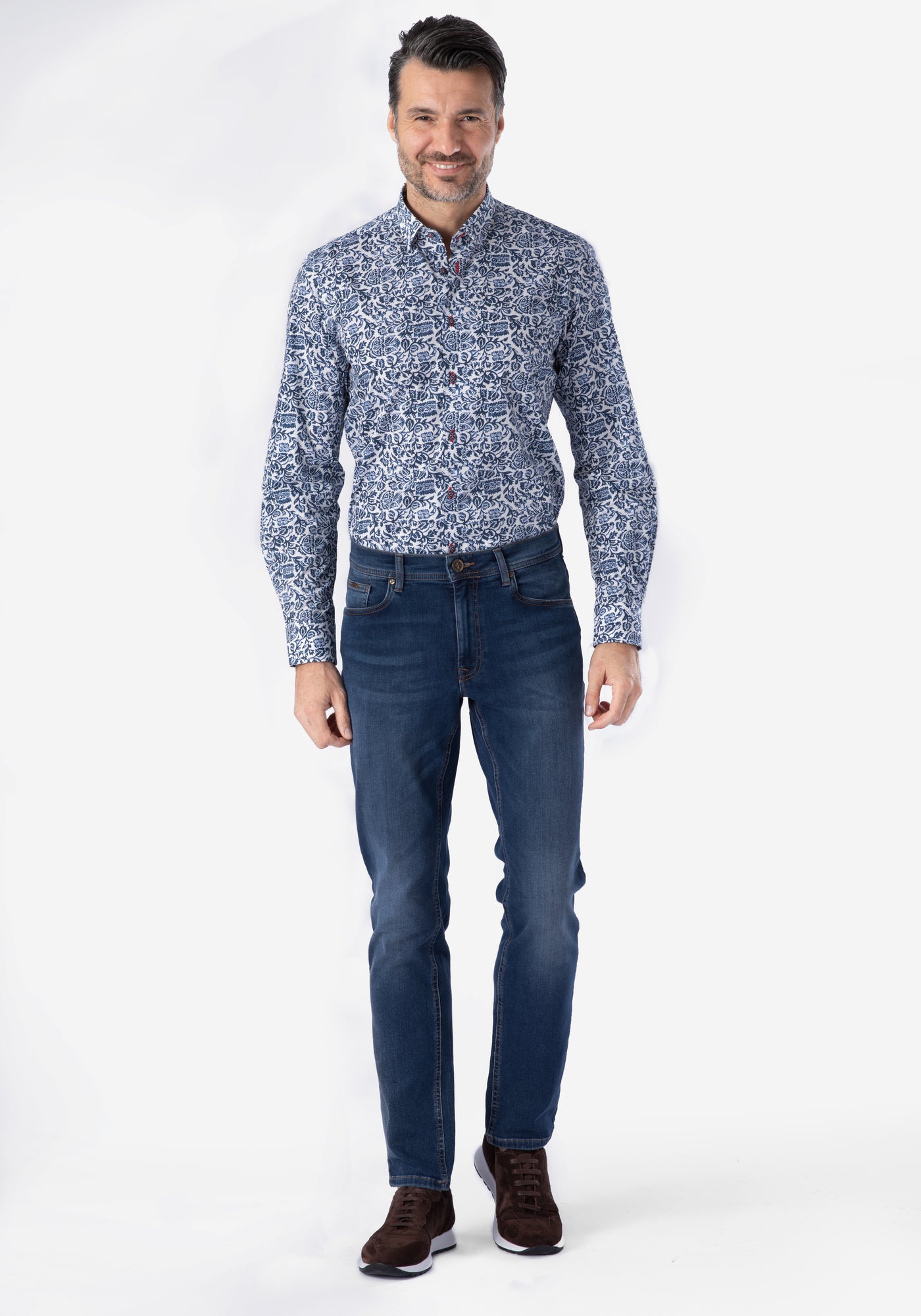 Navy Blue White Printed Poplin Shirt