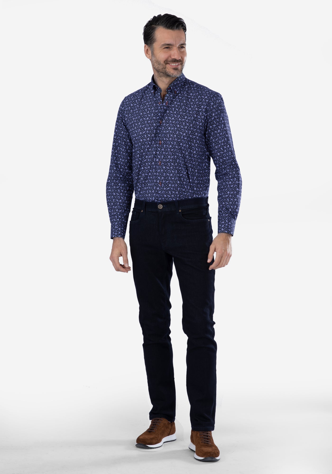 Navy Blue Leafs Poplin Shirt