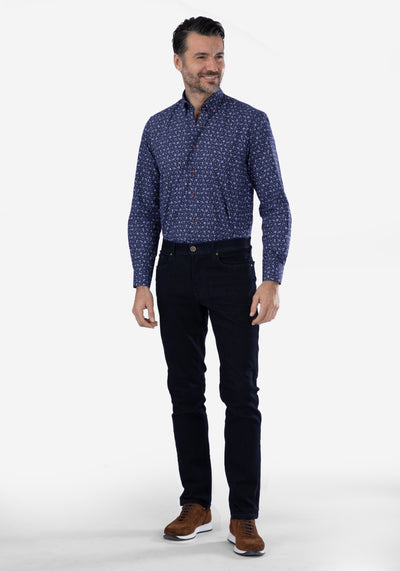 Navy Blue Leafs Poplin Shirt