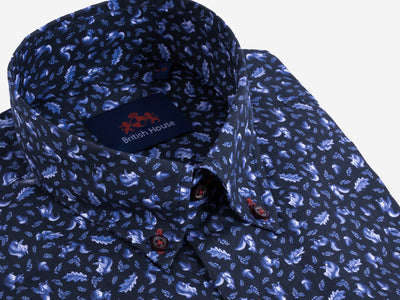 Navy Blue Leafs Poplin Shirt
