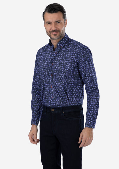 Navy Blue Leafs Poplin Shirt
