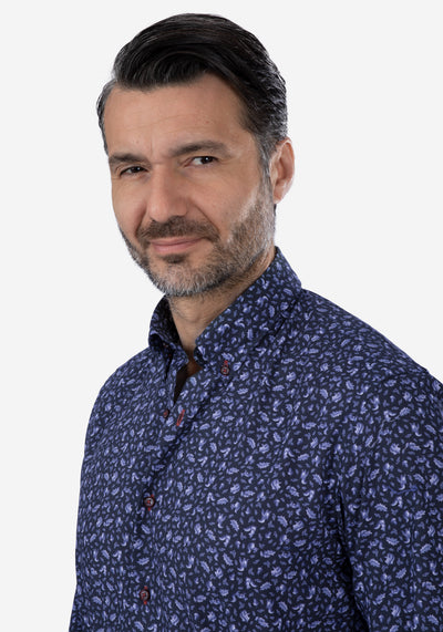 Navy Blue Leafs Poplin Shirt