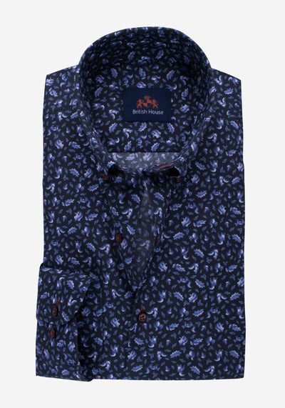 Navy Blue Leafs Poplin Shirt