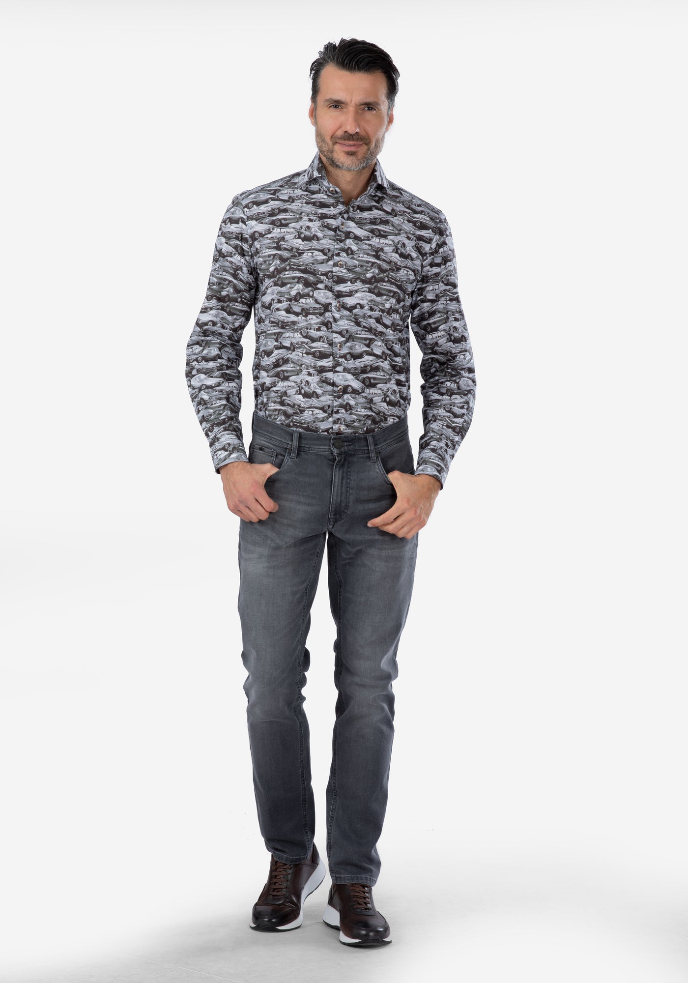 Gray Antique Cars Poplin Shirt
