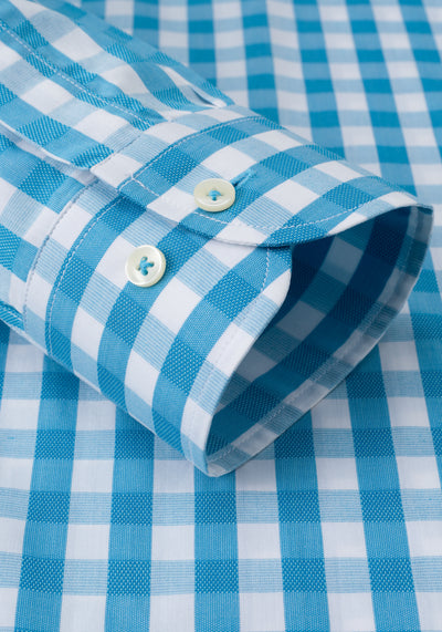 Aqua Blue Checked Basket Weave Shirt