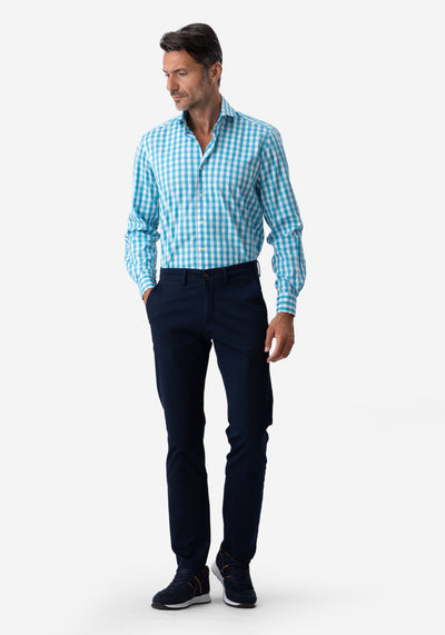 Aqua Blue Checked Basket Weave Shirt